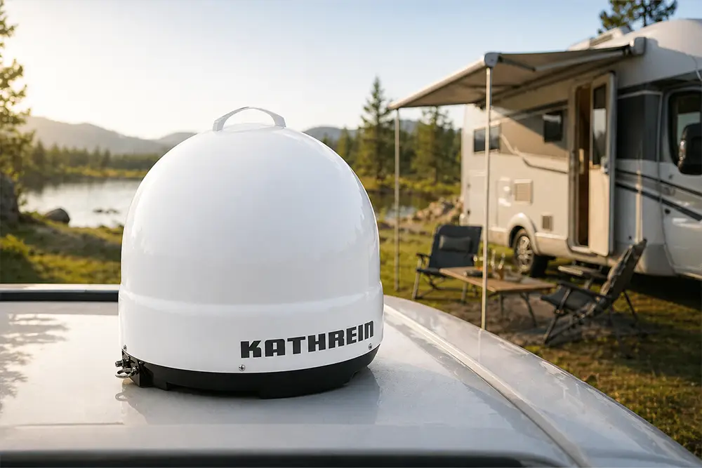 KATHREIN Camping-Antenne auf einem Wohnmobil am Campingplatz