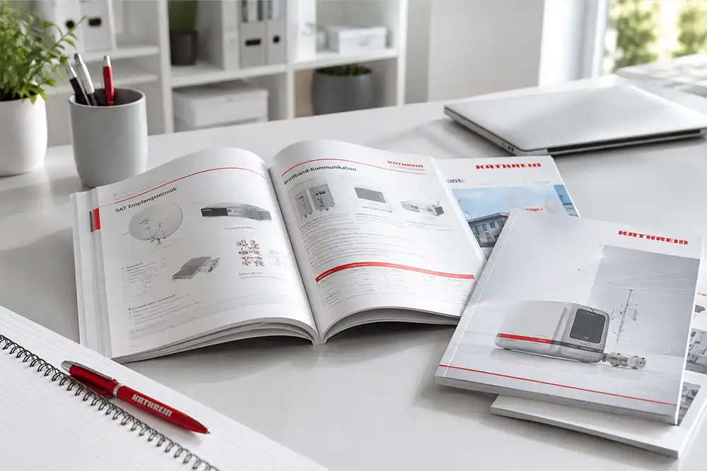 KATHREIN Kataloge und Prospekte auf einem modernen Schreibtisch mit geöffnetem Produktkatalog, weiteren Broschüren, Laptop und rotem Kugelschreiber.