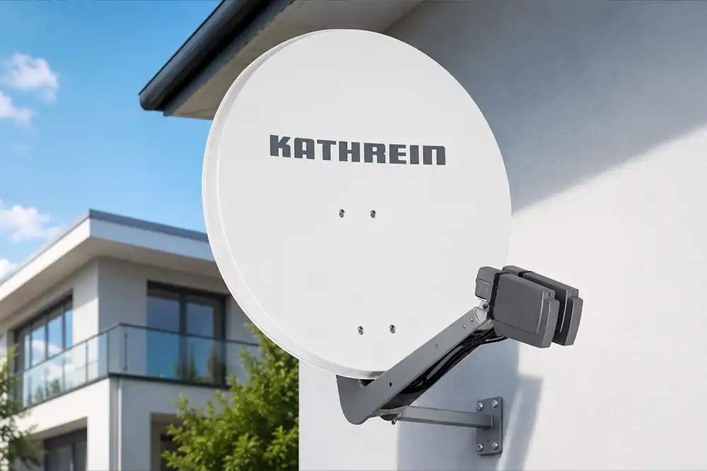 KATHREIN Satellitenspiegel an moderner Hausfassade für stabilen Satellitenempfang