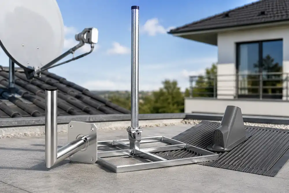 Montagezubehör für SAT-Anlagen mit Mast, Wandhalter und Dachziegel auf einem Hausdach