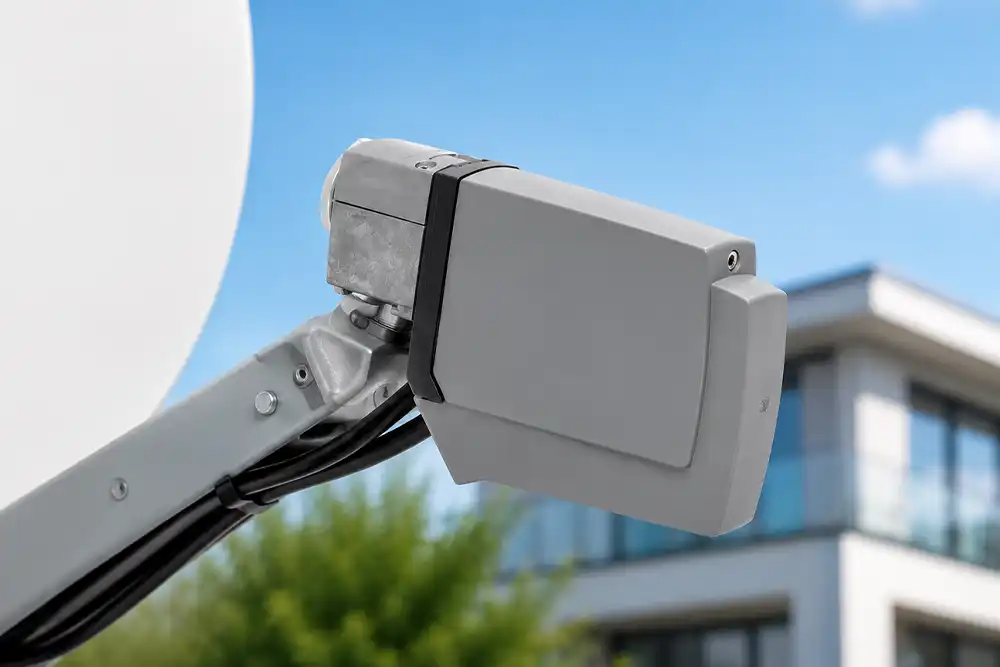 KATHREIN LNB am Speisearm eines Satellitenspiegels für die Signalumsetzung